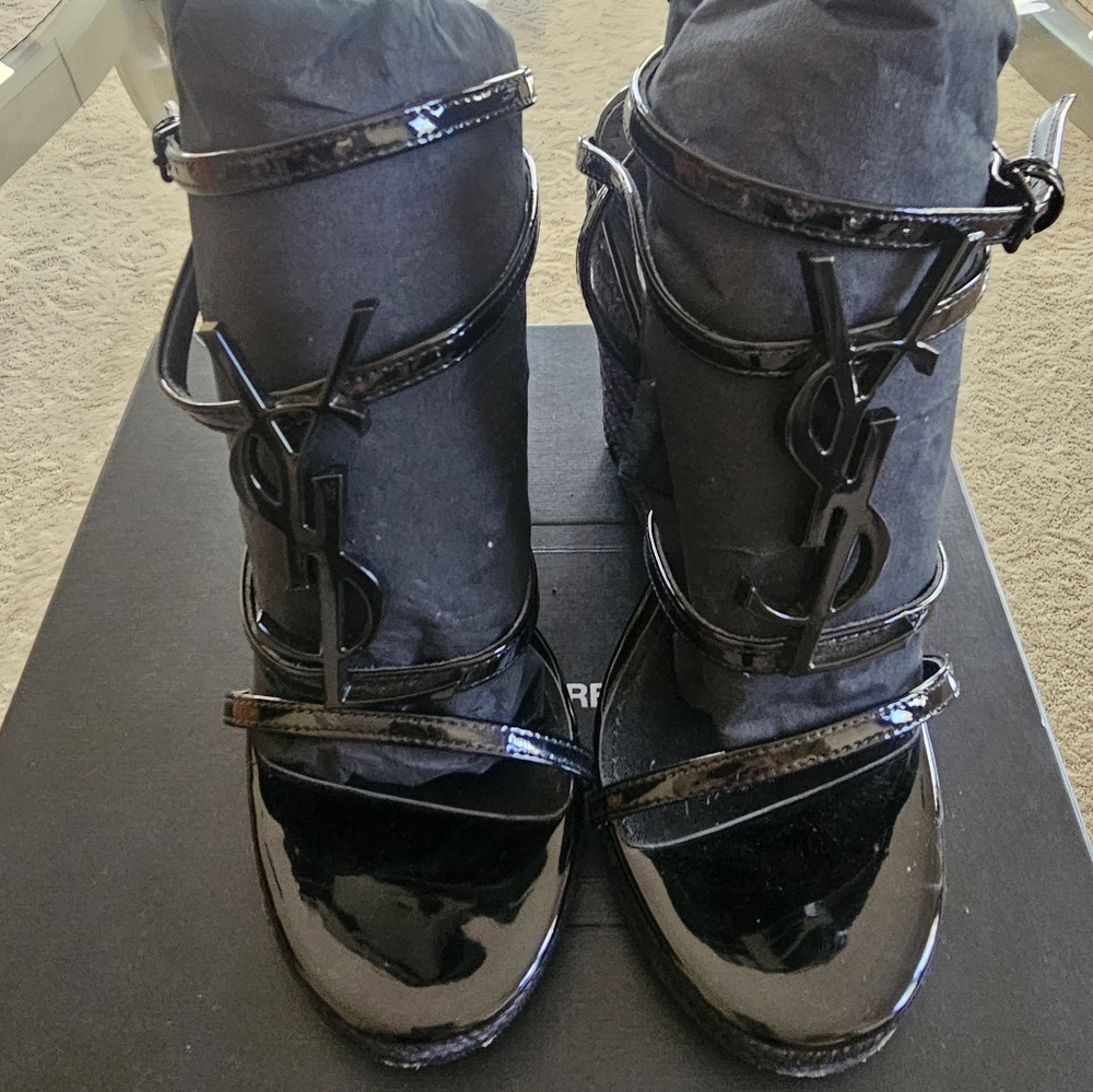 Saint Laurent Black Patent Leather Logo Strap Heels